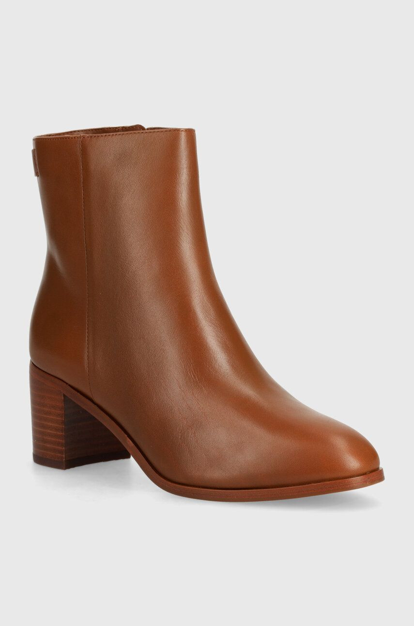 Kožené členkové topánky Lauren Ralph Lauren Cassie dámske, hnedá farba, na podpätku, 802937813002
