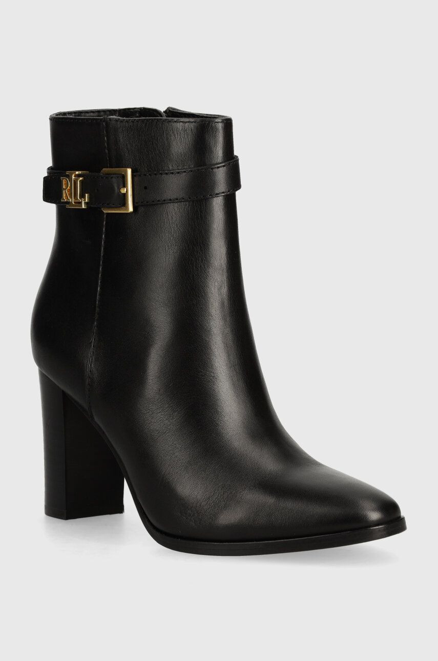 Kožené členkové topánky Lauren Ralph Lauren Bailey dámske, čierna farba, na podpätku, 802937808001