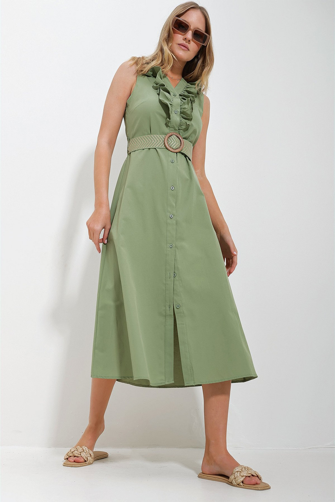 Trend Alaçatı Stili Women's Khaki Front Frilly Belted Poplin Woven Dress