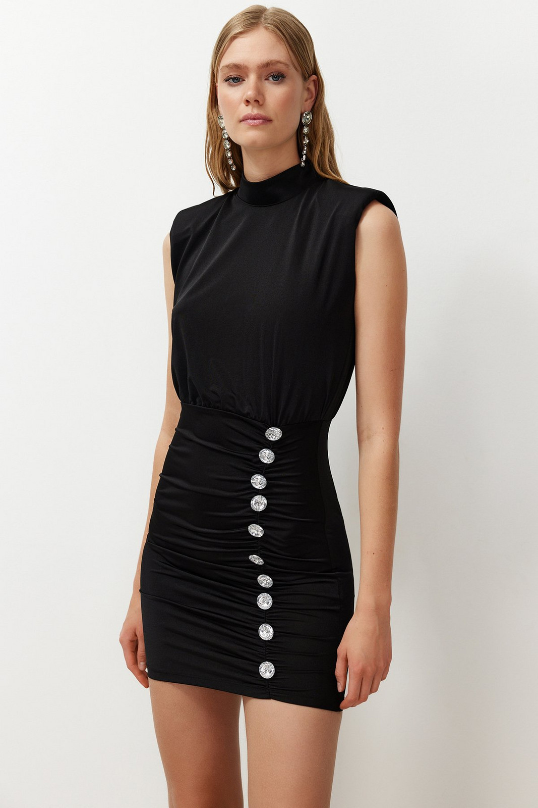 Trendyol Black Body-Sitting Shiny Jewelled Knitted Satin Elegant Evening Dress
