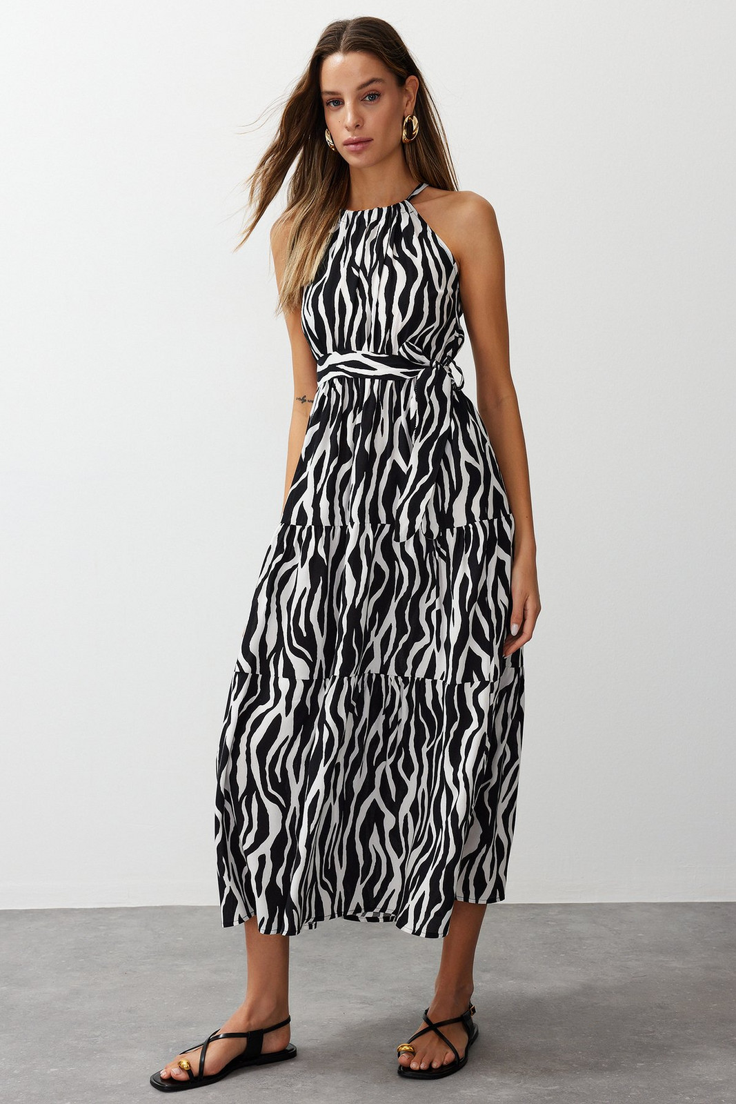 Trendyol Black Animal Shift Halter Neck Maxi Lined Woven Dress