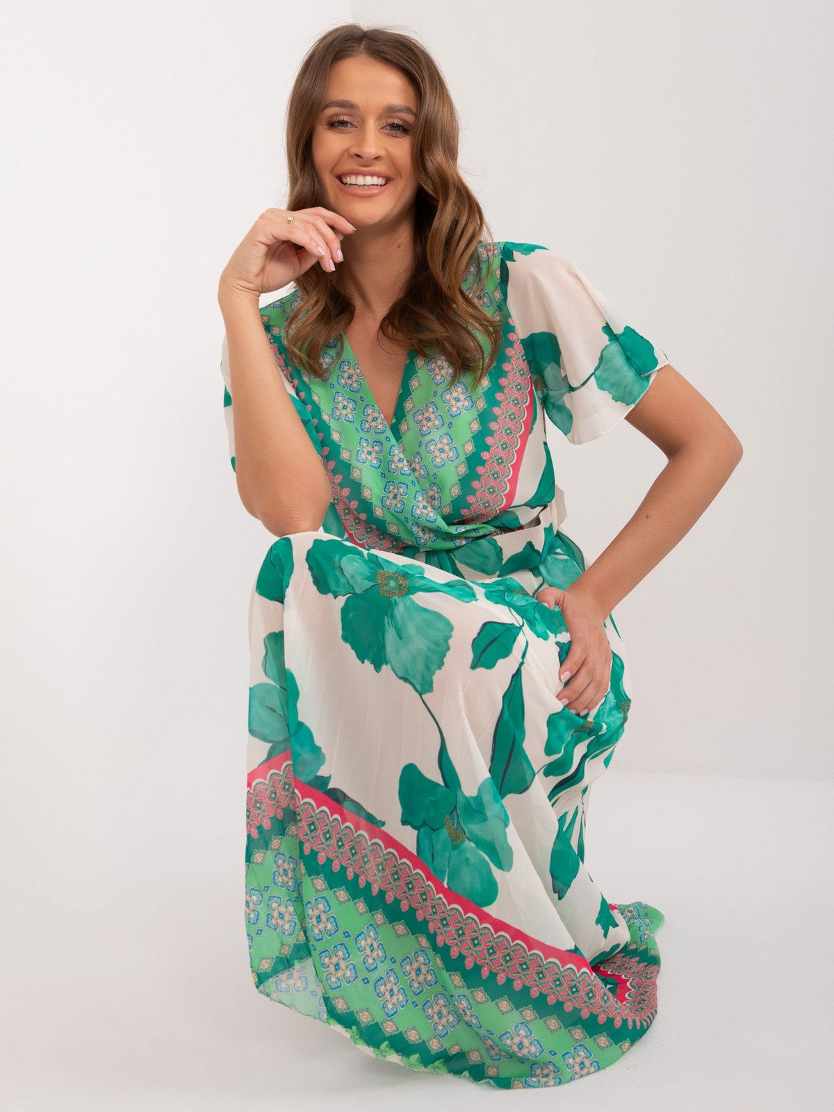 Green-beige women's dress with belt