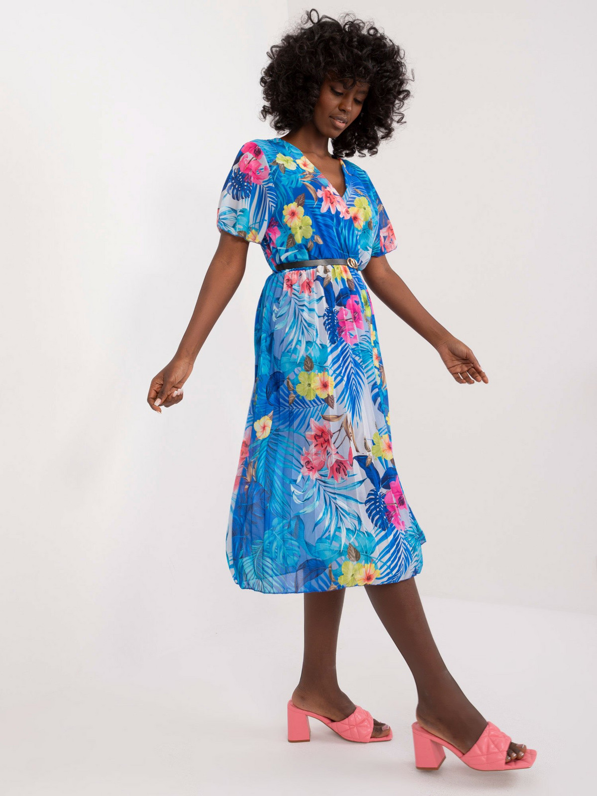 Navy blue flared dress with print