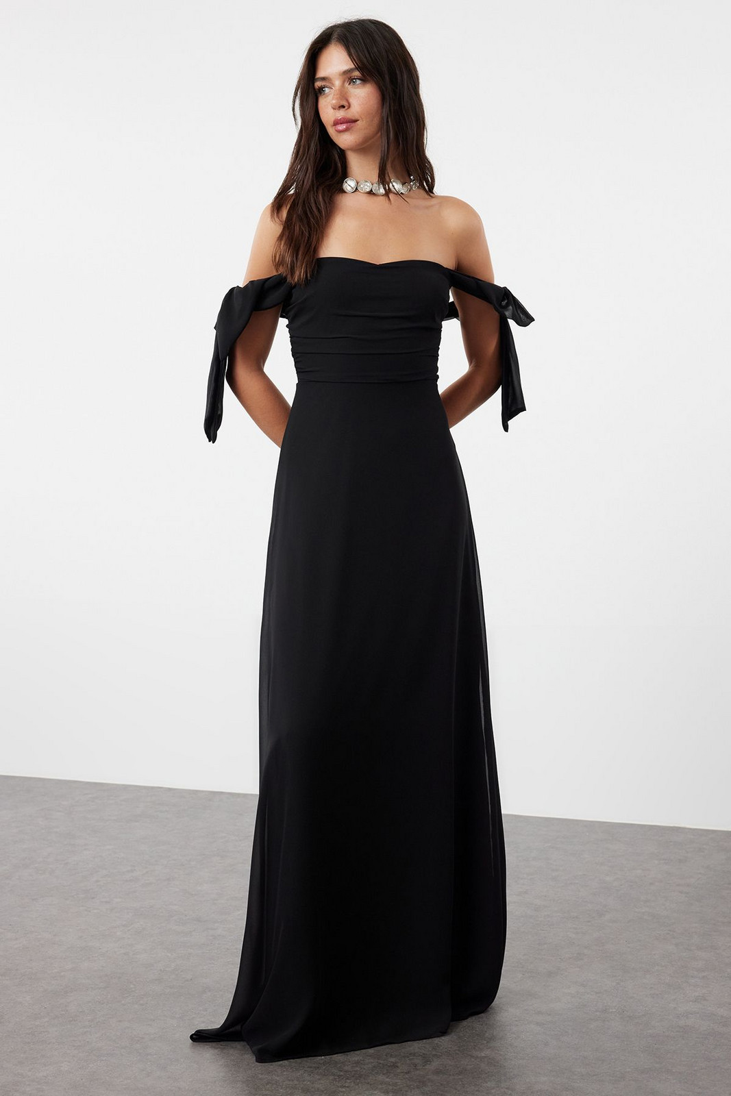 Trendyol Black A-Line Carmen Neckline Chiffon Woven Evening Dress & Graduation Dress