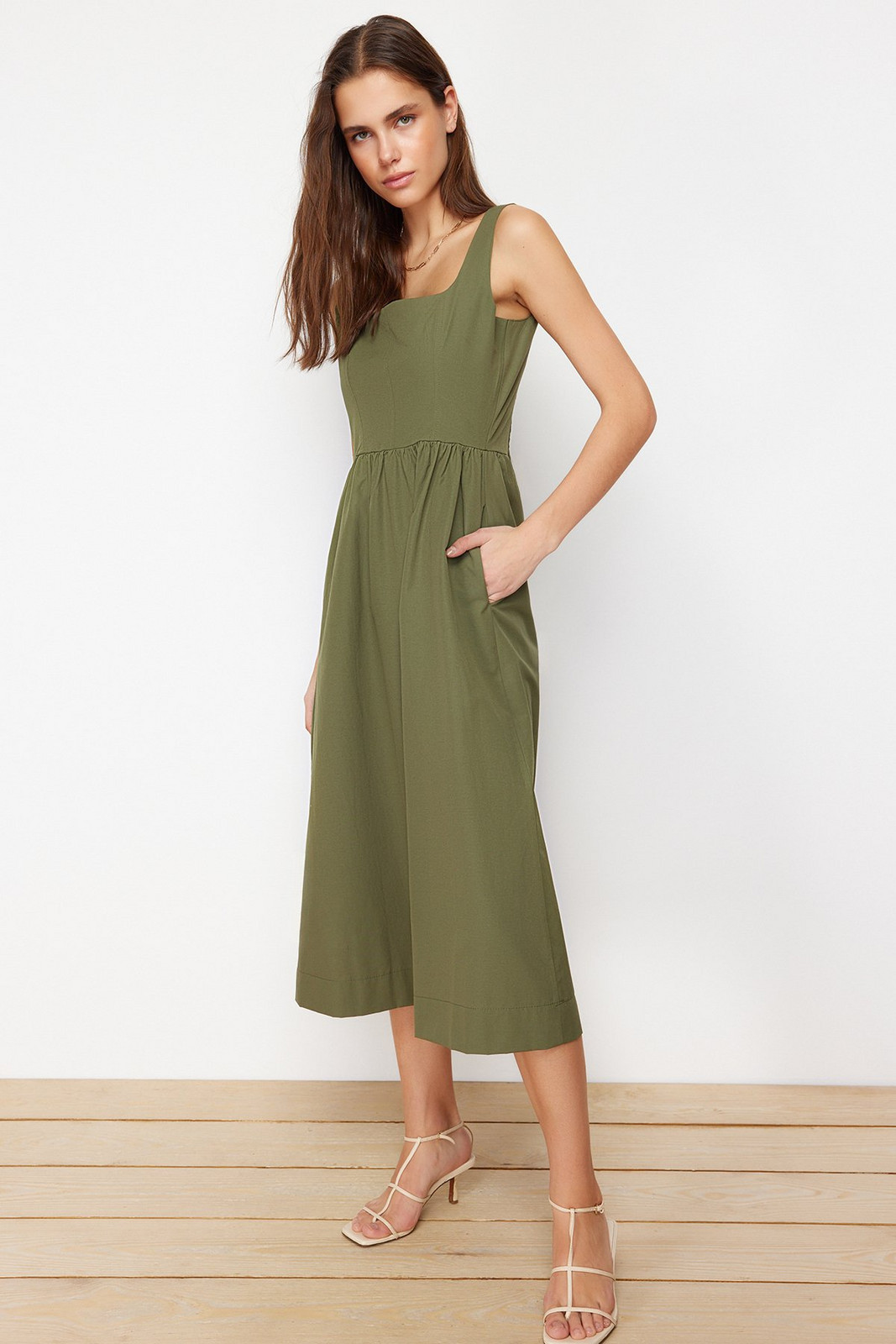 Trendyol Khaki Waist Opening Midi Corset Stitching Detail Midi Woven Dress