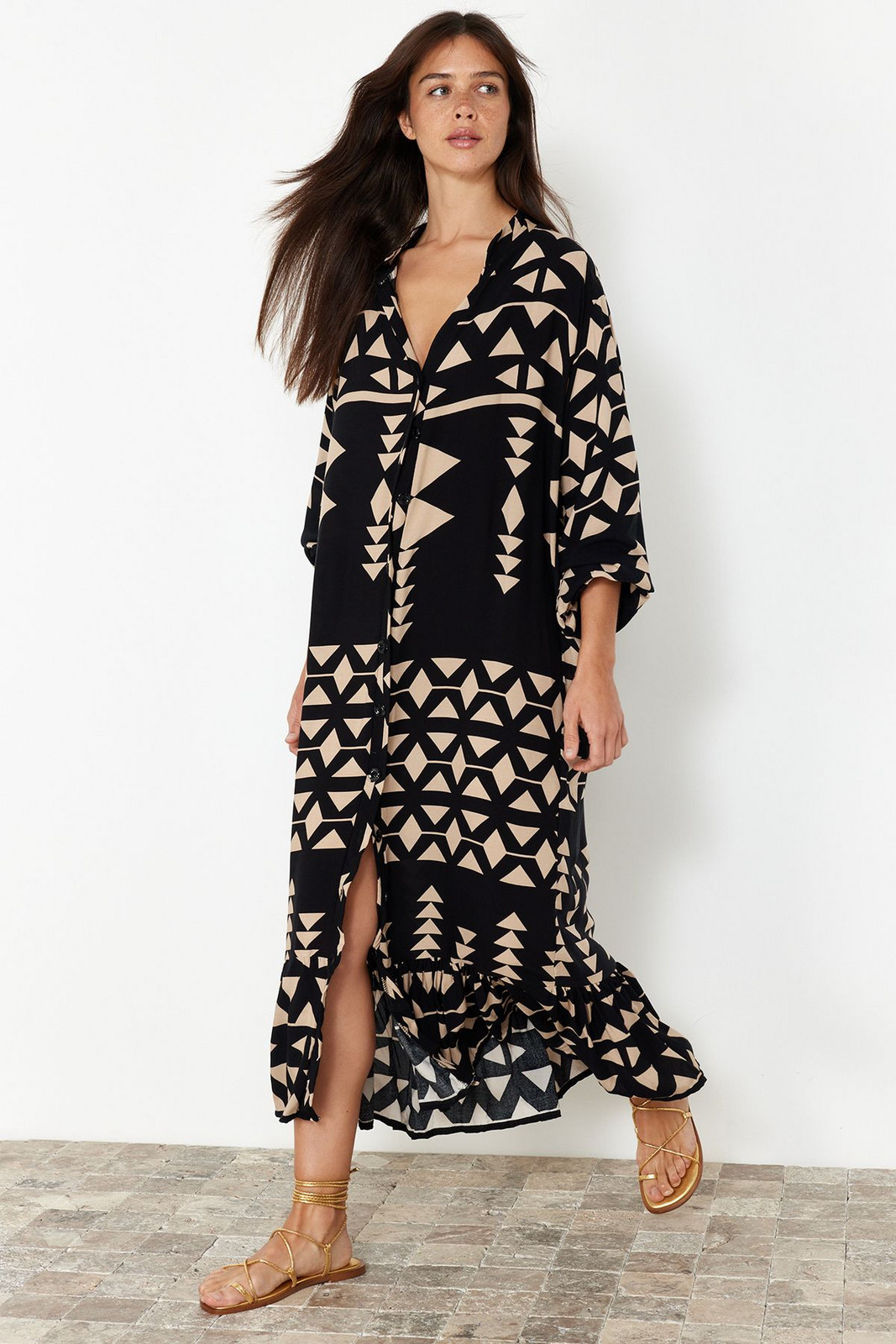 Trendyol Black Printed Wide Cut Viscose Woven Midi Dress with Border Pattern Detail