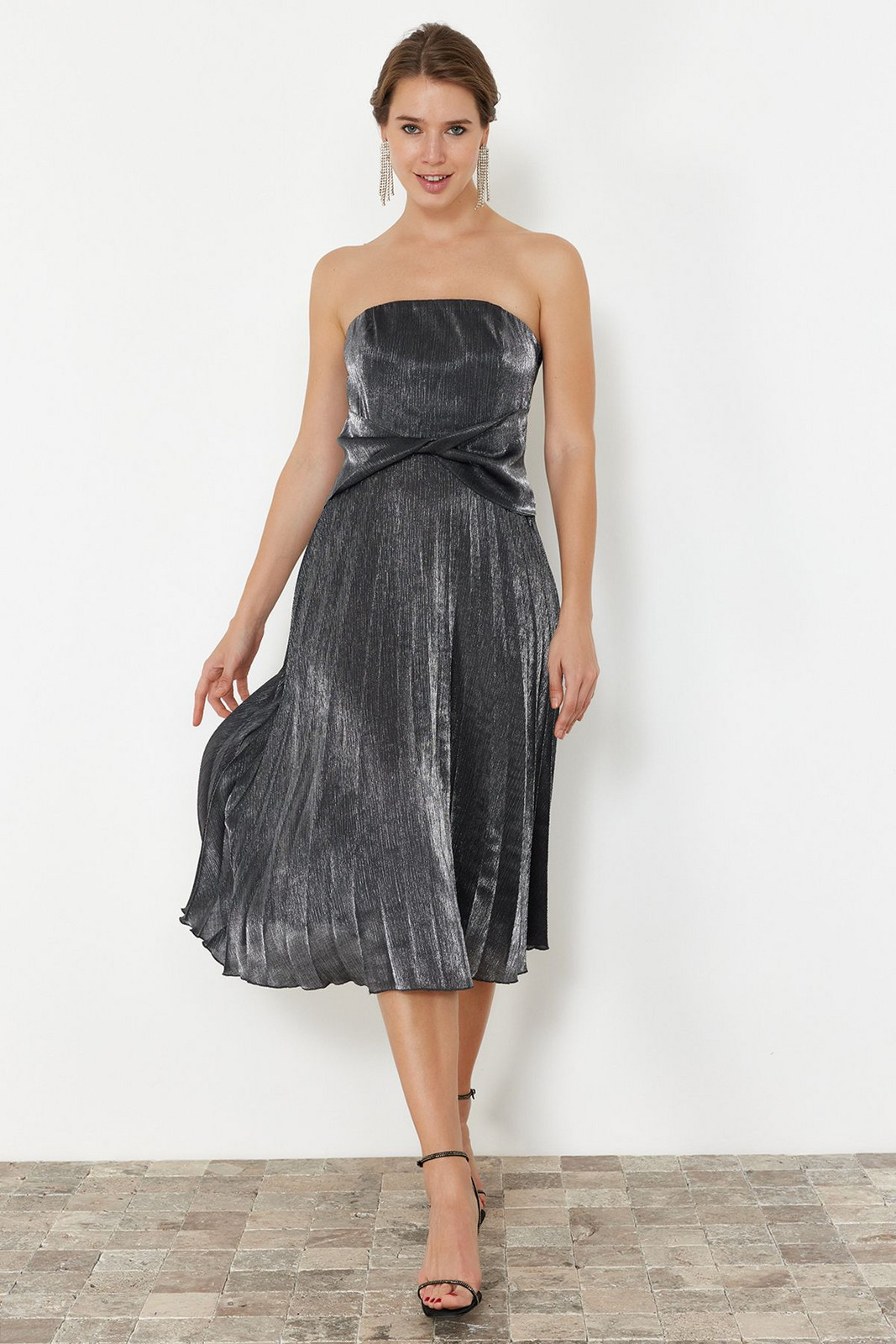Trendyol Anthracite Pleated Shiny Elegant Evening Dress