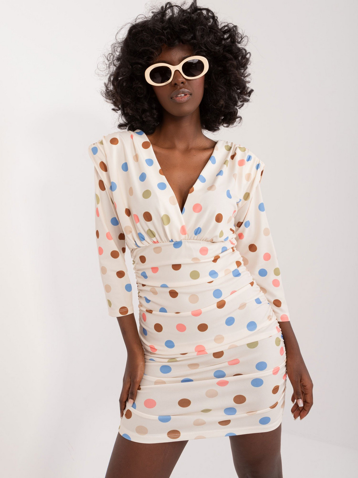Cream fitted dress with polka dots