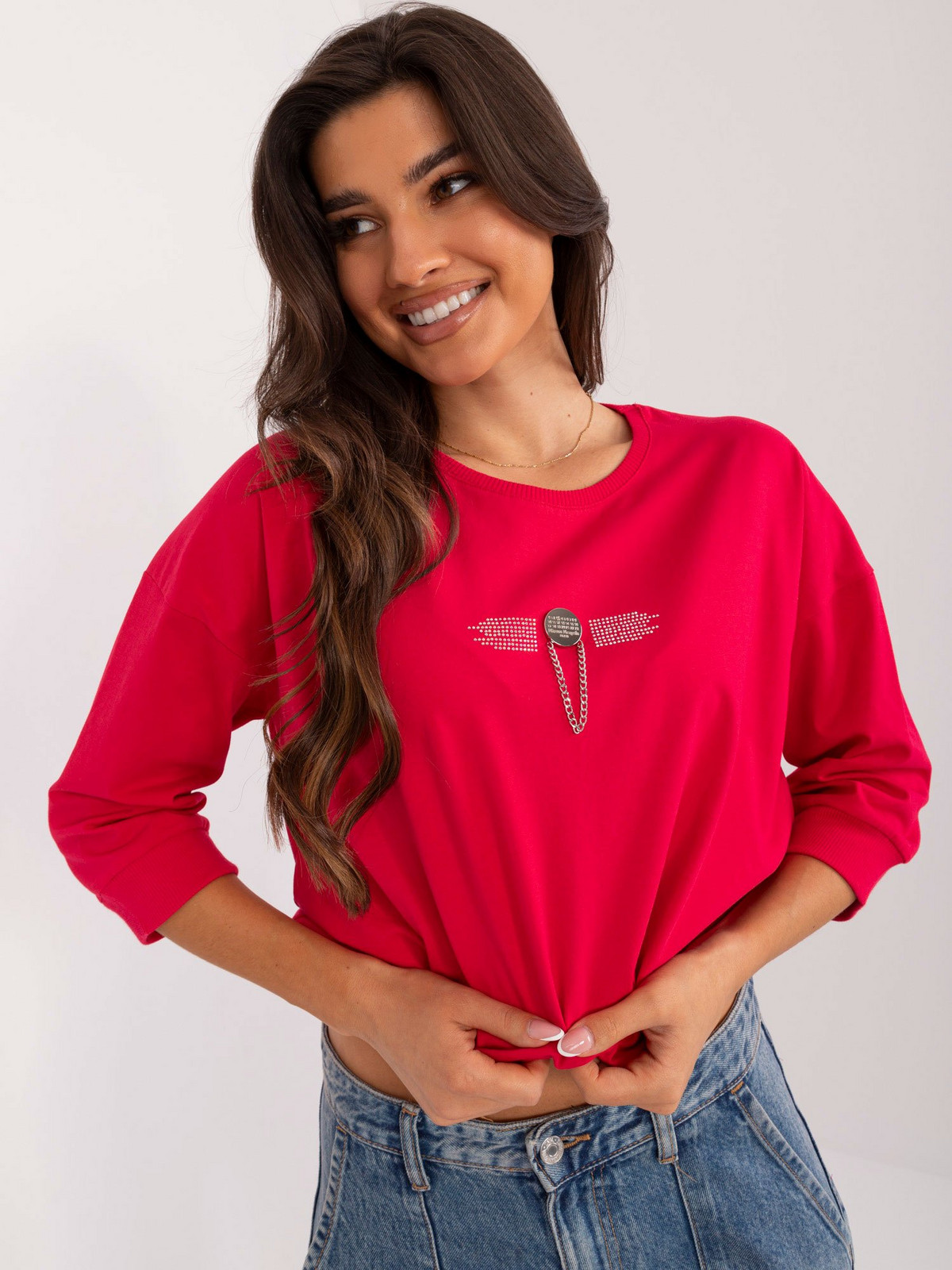 Red cotton blouse with appliqué