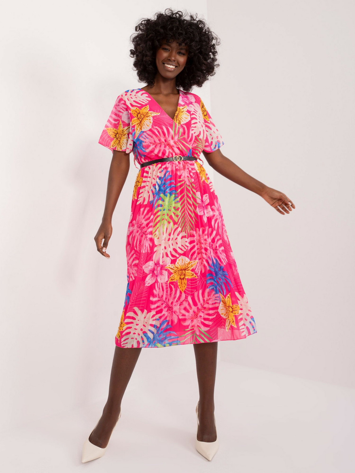 Dark pink women's dress with colorful patterns