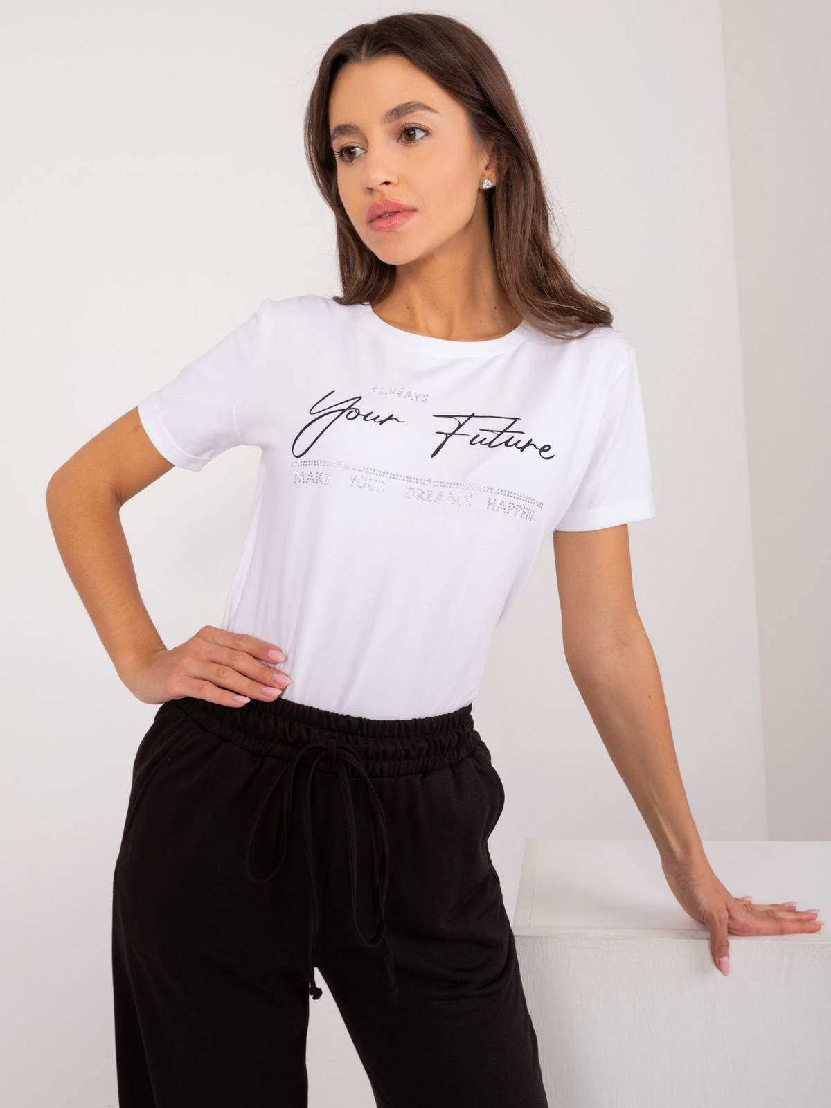 White women's T-shirt with a round neckline