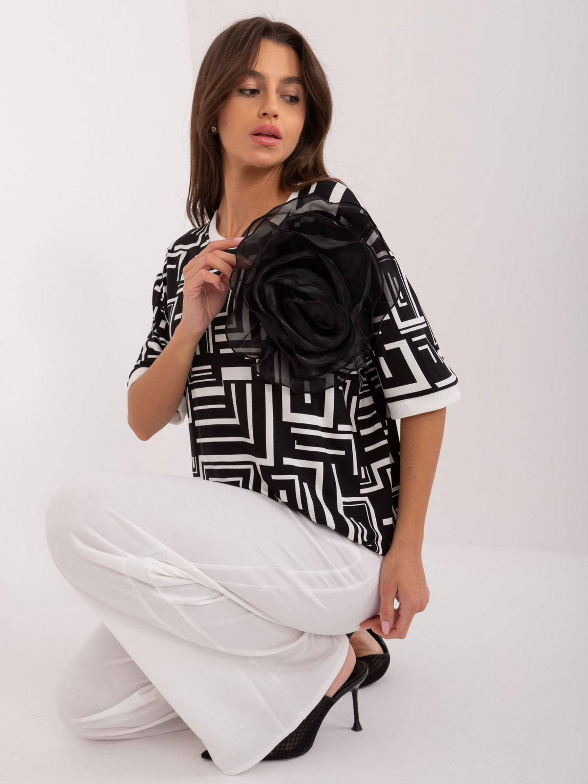 Black women's blouse with geometric pattern
