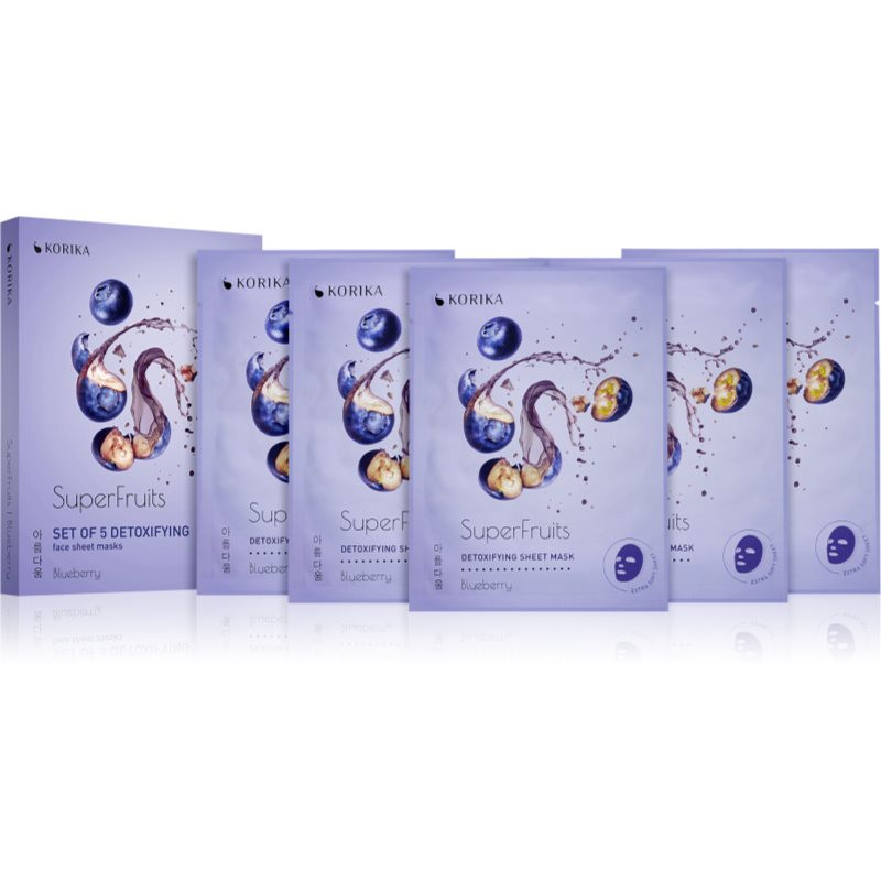 KORIKA SuperFruits Blueberry - Set of 5 Detoxifying Face Sheet Masks set pleťových masiek za zvýhodnenú cenu Blueberry(s detoxikačným účinkom)