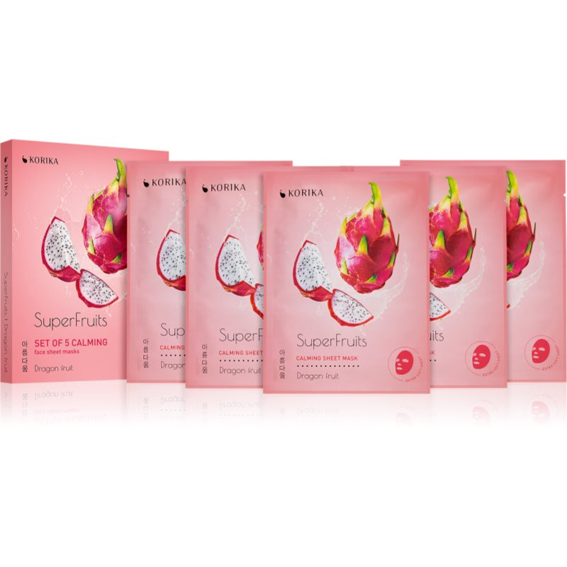 KORIKA SuperFruits Dragon Fruit - Set of 5 Calming Face Sheet Masks set pleťových masiek za zvýhodnenú cenu Dragon fruit(s upokojujúcim účinkom)