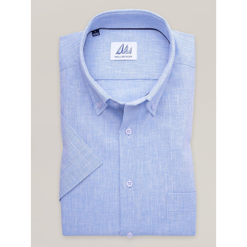 Pánska svetlomodrá vzorovaná košeľa slim fit s krátkym rukávom s prímesou ľanu 16973