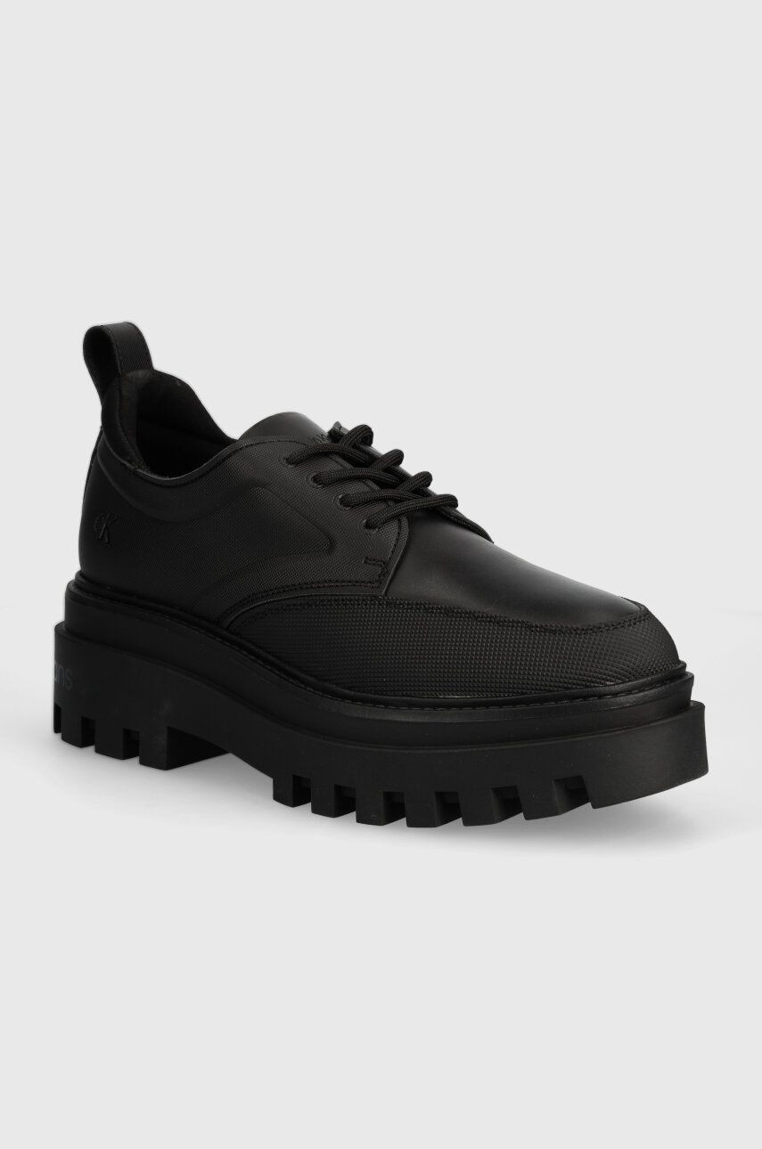 Poltopánky Calvin Klein Jeans FLATFORM LACEUP DERBY MG MTL dámske, čierna farba, na platforme, YW0YW01502