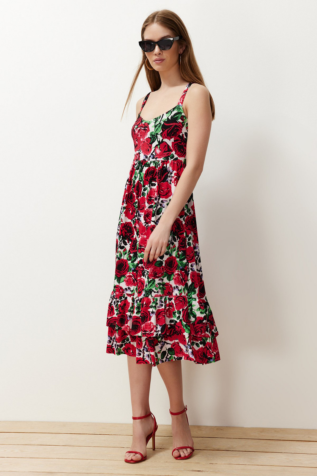 Trendyol Red Floral Strappy Skater/Waist Ribbed Elastic Knitted Midi Dress