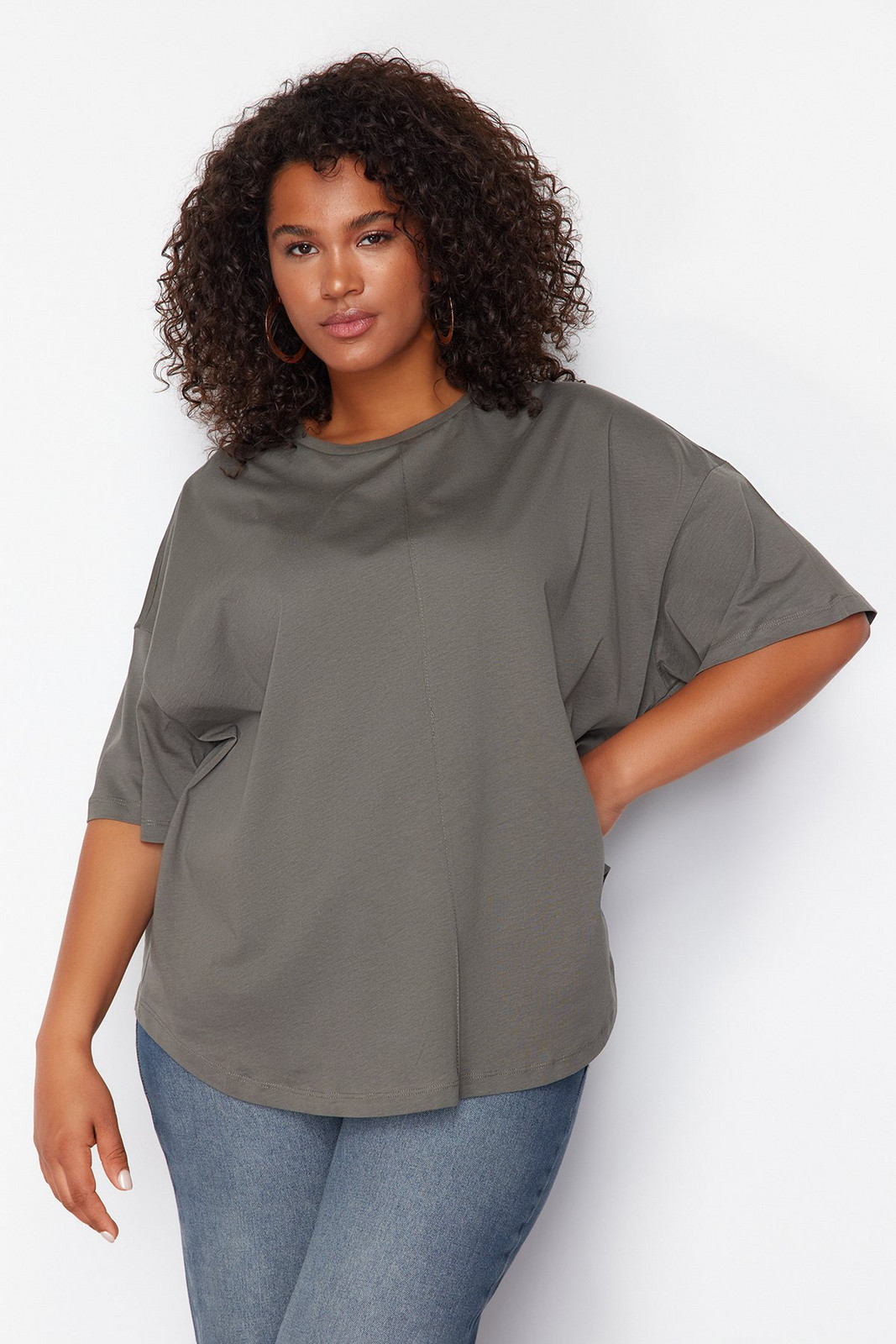 Trendyol Curve Anthracite 100% Cotton More Sustainable Oversize Knitted T-shirt