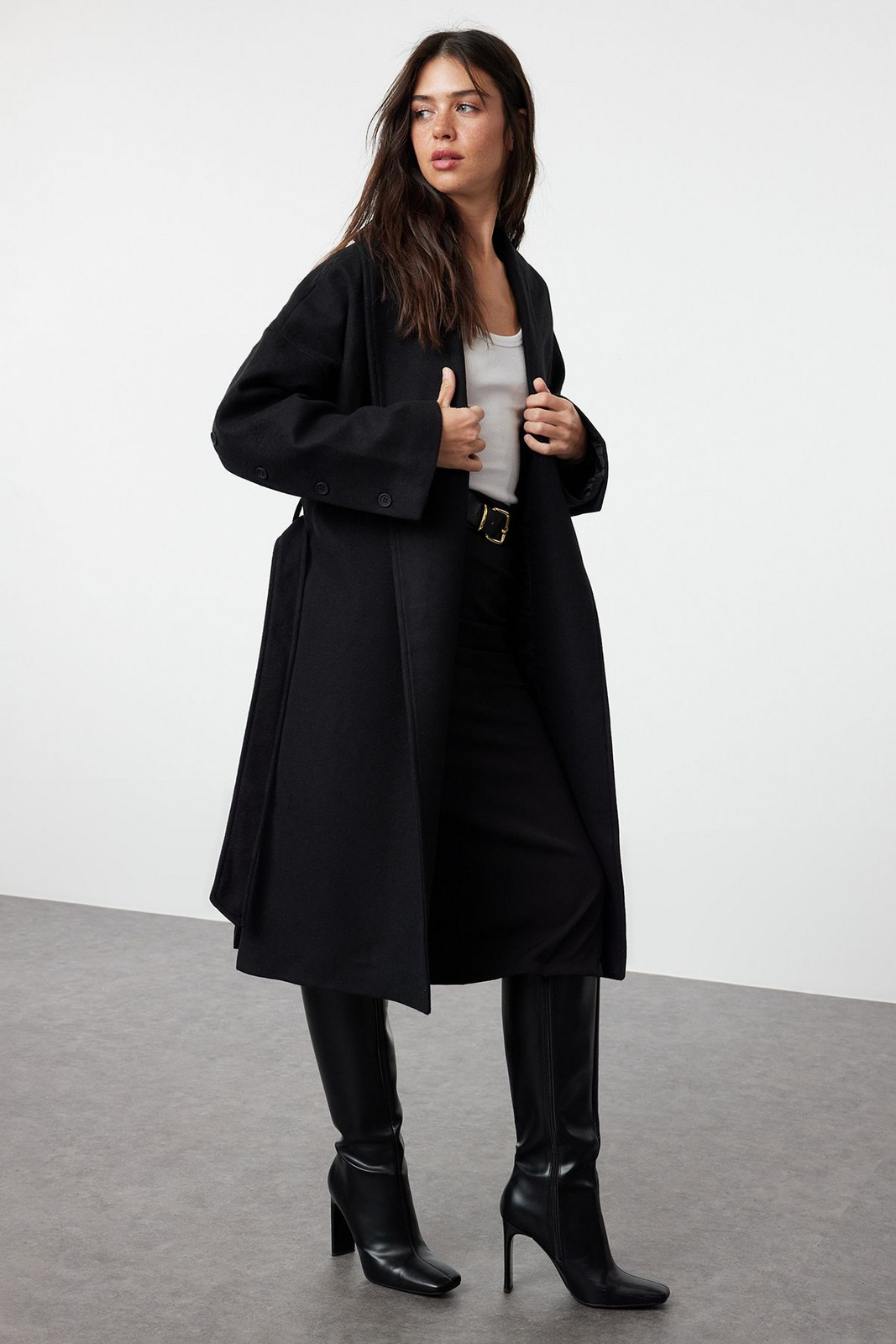 Trendyol Black Button Detailed Slit Oversize Coat