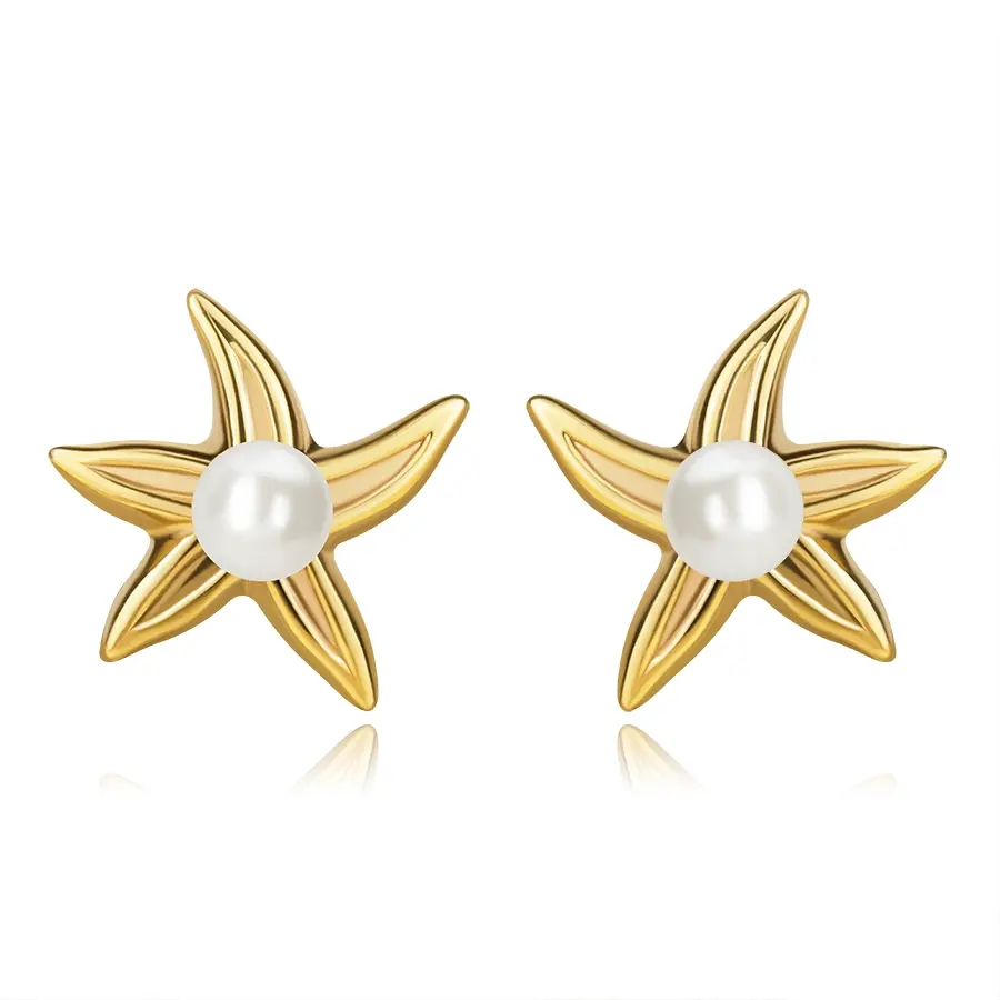 Puzetové náušnice z 9K žltého zlata - morská hviezda so sladkovodnou perlou