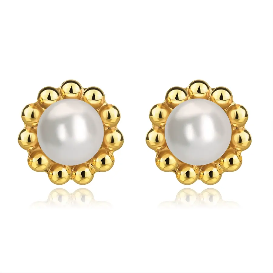 Náušnice zo žltého zlata 375 - motív kvetu s bielou kultivovanou perlou