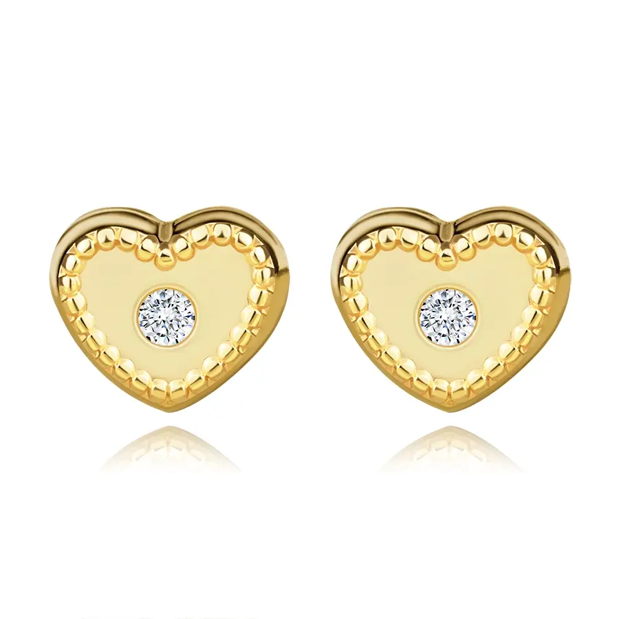 Náušnice zo žltého 375 zlata - srdce s čírym zirkónom a vrúbkovaným okrajom