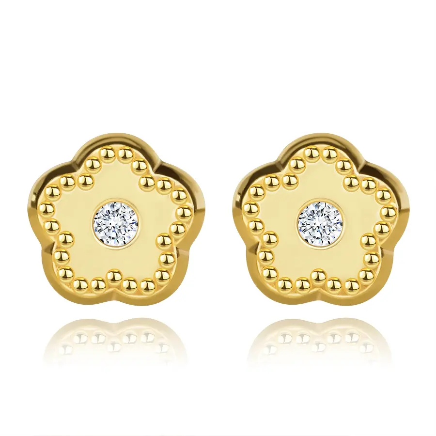 Puzetové náušnice v žltom 375 zlate - kvet, číry zirkón, vrúbkovaný lem
