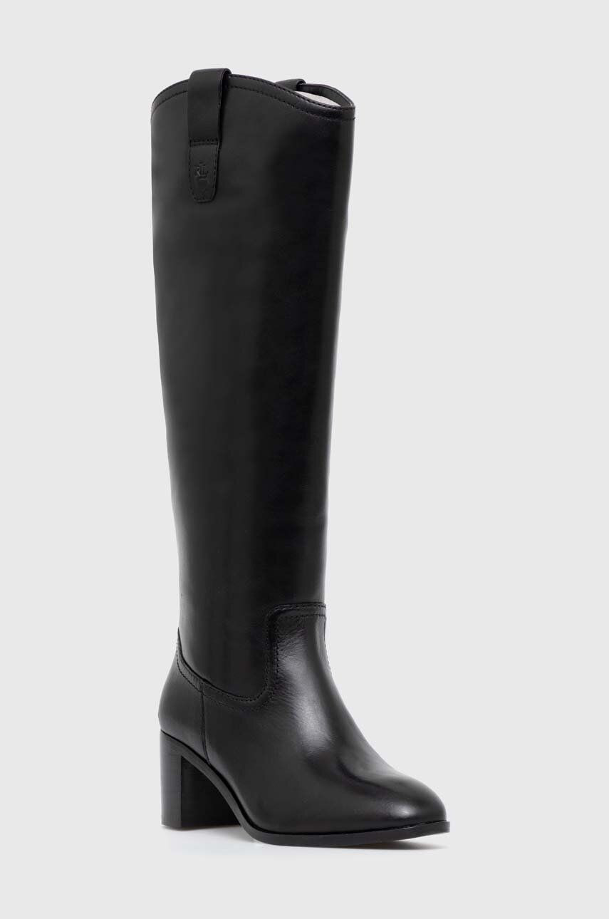 Kožené čižmy Lauren Ralph Lauren Carla dámske, čierna farba, na podpätku, 802937812001