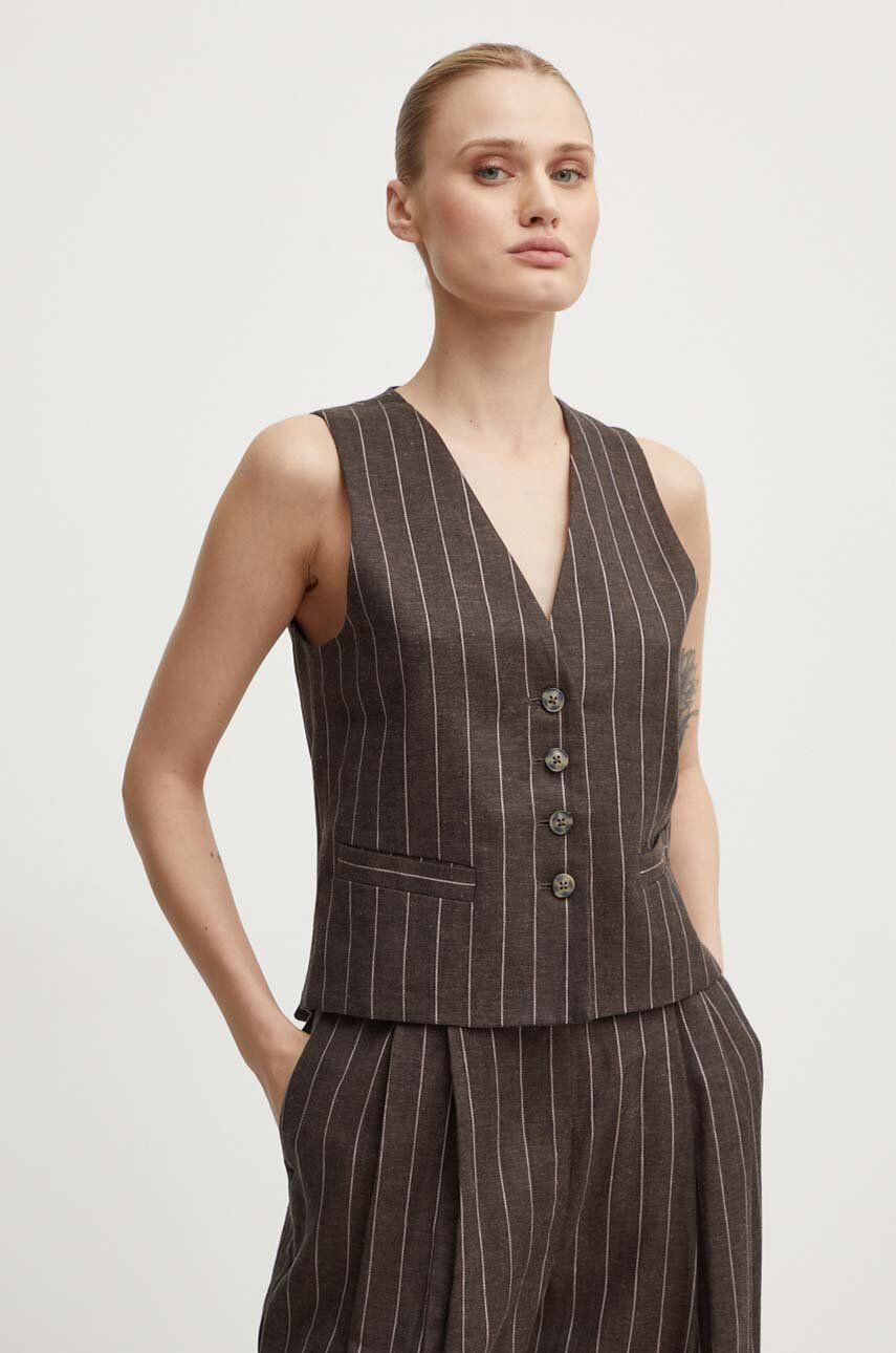 Ľanová vesta Day Birger et Mikkelsen Frida - Casual Linen Stripe hnedá farba, jednoradová, DAY65243245