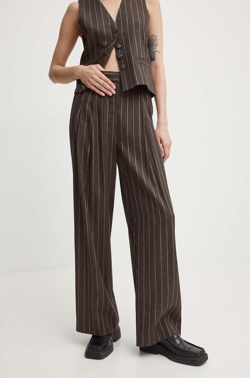 Ľanové nohavice Day Birger et Mikkelsen Enzo - Casual Linen Stripe hnedá farba, široké, vysoký pás, DAY65243238