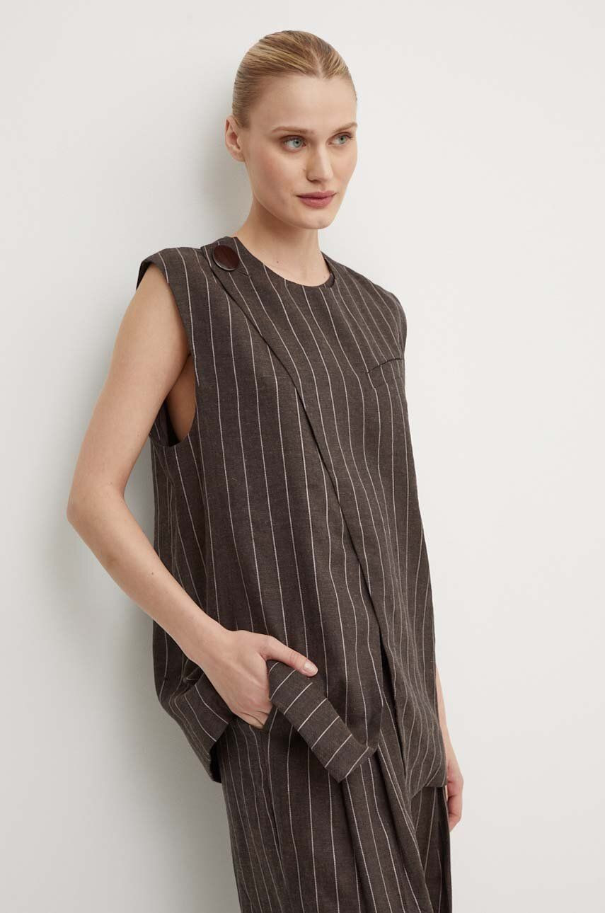 Ľanová vesta Day Birger et Mikkelsen Enid - Casual Linen Stripe hnedá farba, jednoradová, DAY65243328