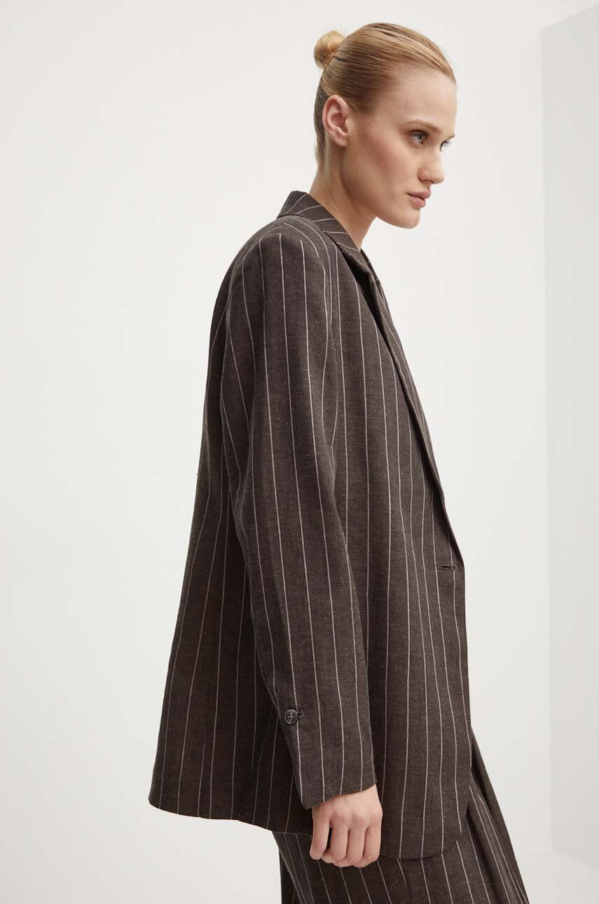 Ľanové sako Day Birger et Mikkelsen Emile - Casual Linen Stripe hnedá farba, jednoradové, vzorované, DAY65243233