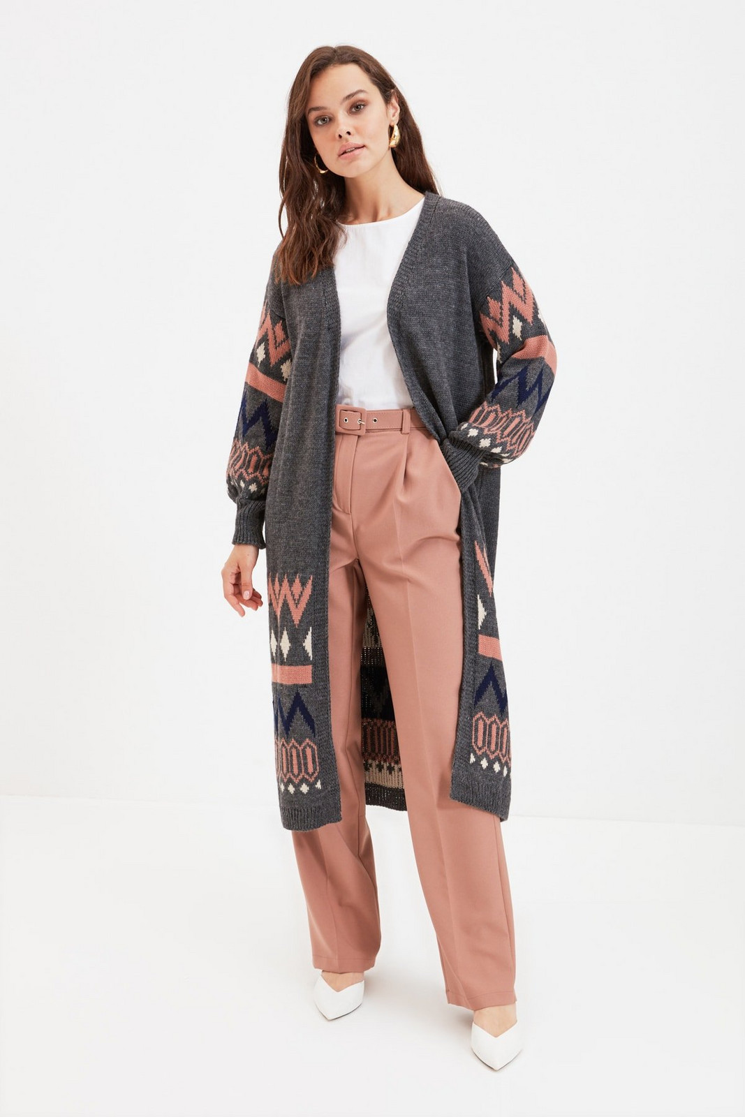 Trendyol Anthracite Jacquard Long Knitwear Cardigan