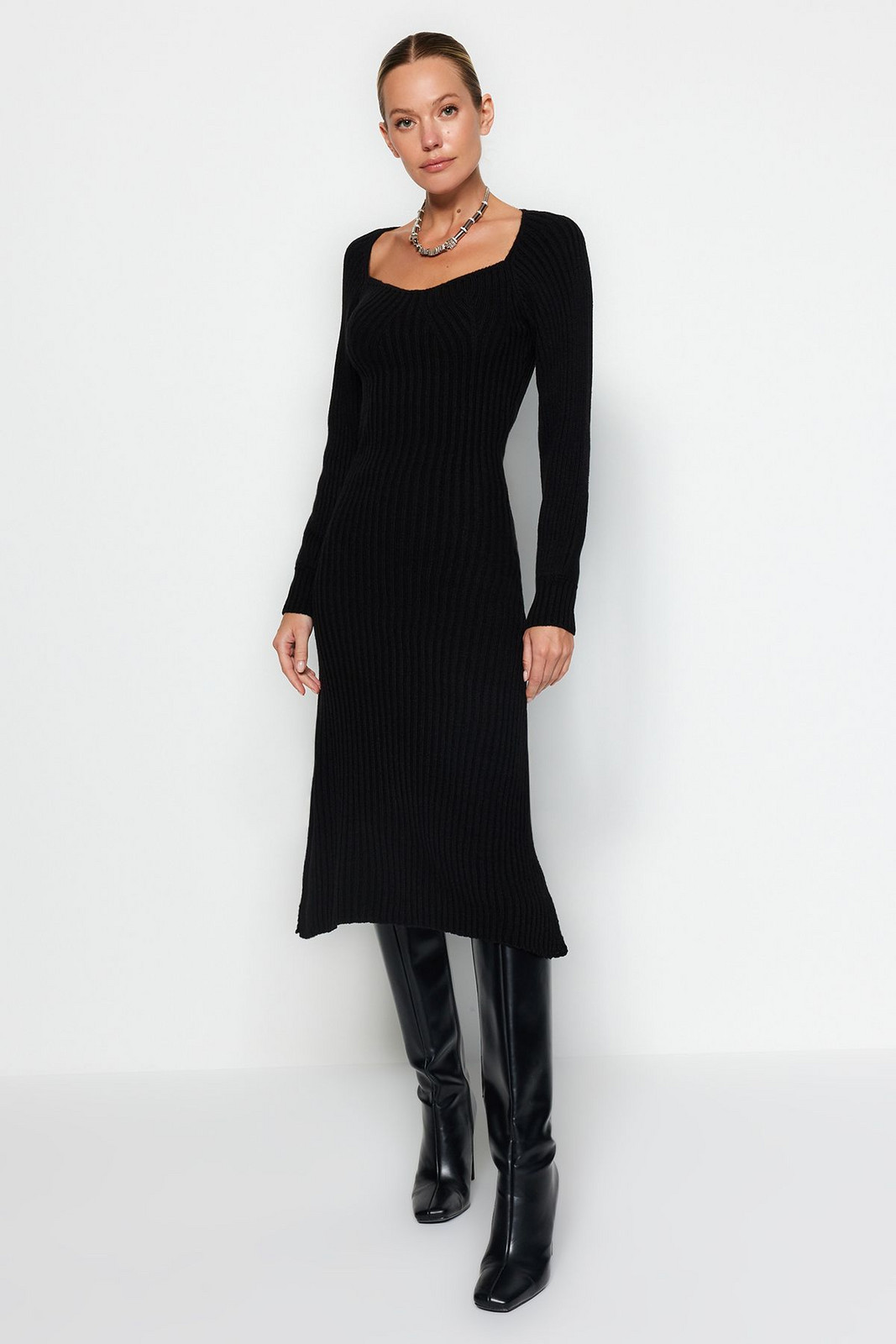 Trendyol Black Straight Sweetheart Neck Knitwear Dress