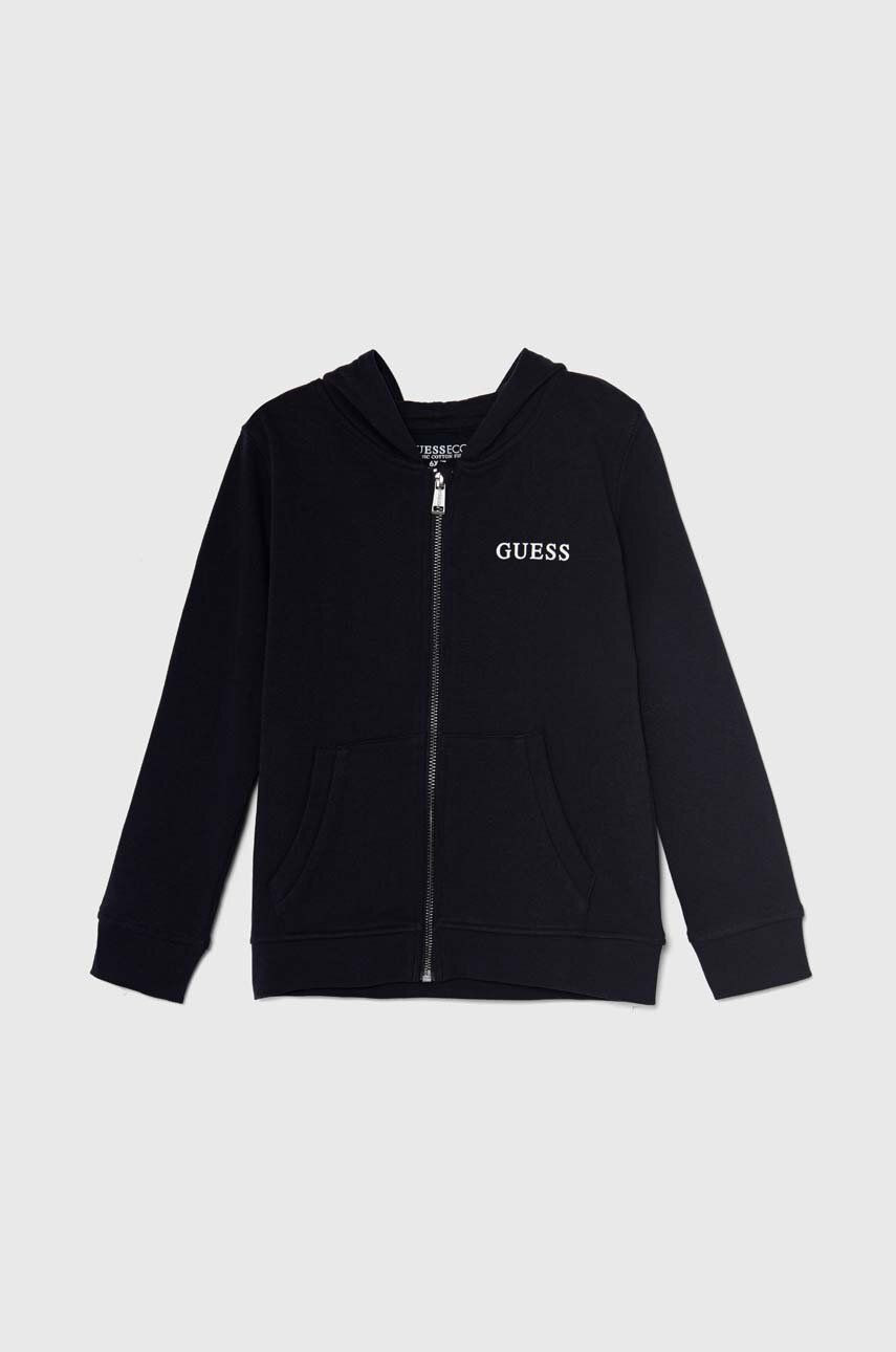 Detská bavlnená mikina Guess tmavomodrá farba, s kapucňou, s potlačou, N3YQ07 KAUG0