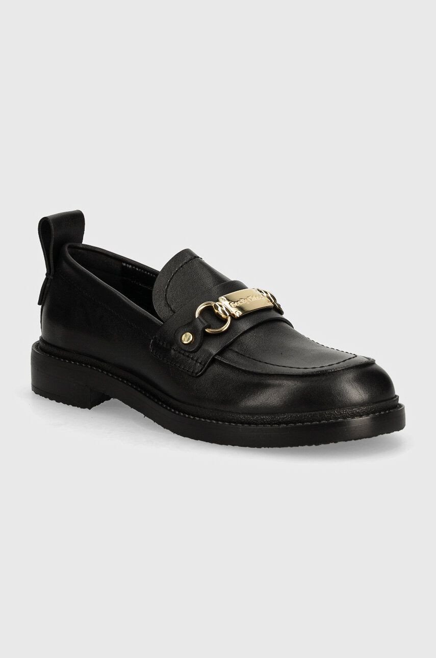 Kožené mokasíny See by Chloé Signature 1 dámske, čierna farba, na plochom podpätku, SB43032A