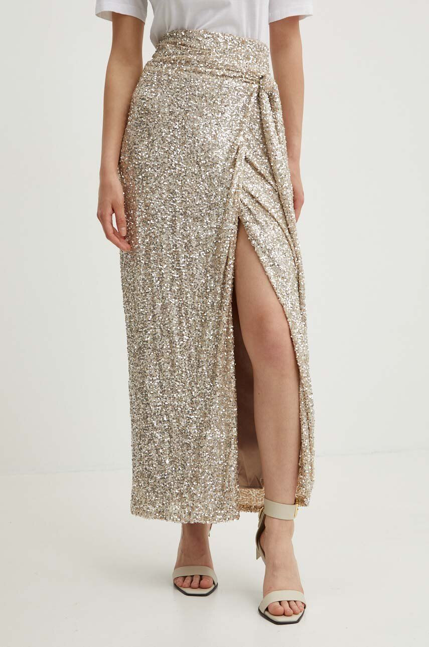 Sukňa Never Fully Dressed béžová farba, midi, rovný strih, NFDSK247