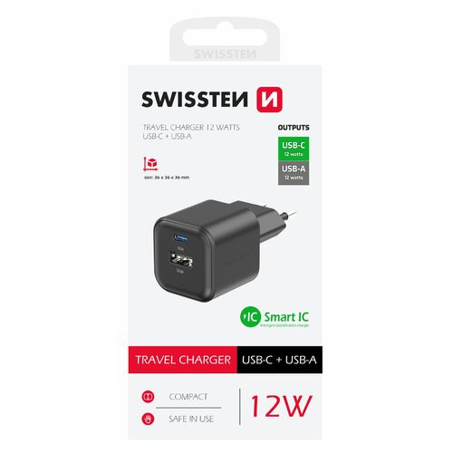 SWISSTEN SÍŤOVÝ ADAPTÉR 12W 1x USB-C + 1x USB-A  ČERNÝ