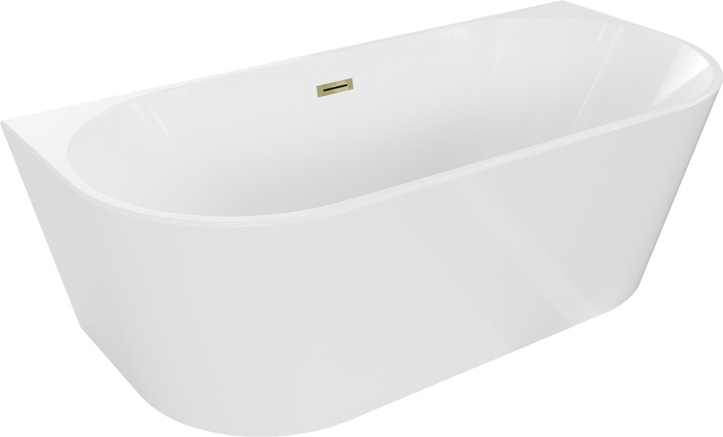 MEXEN/S - Oval vaňa voľne stojaca rohová 150 x 75 cm, biela, sifón a prepad zlatá 52671507500-50