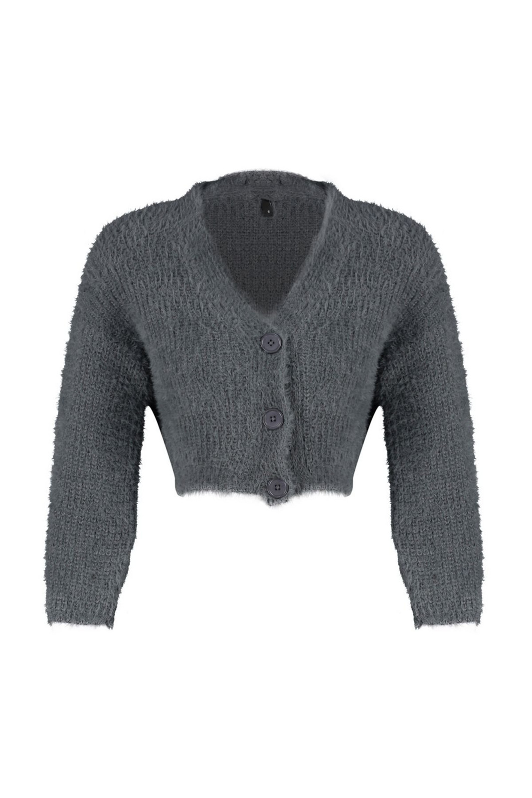 Trendyol Anthracite Crop Shaggy Knitwear Cardigan