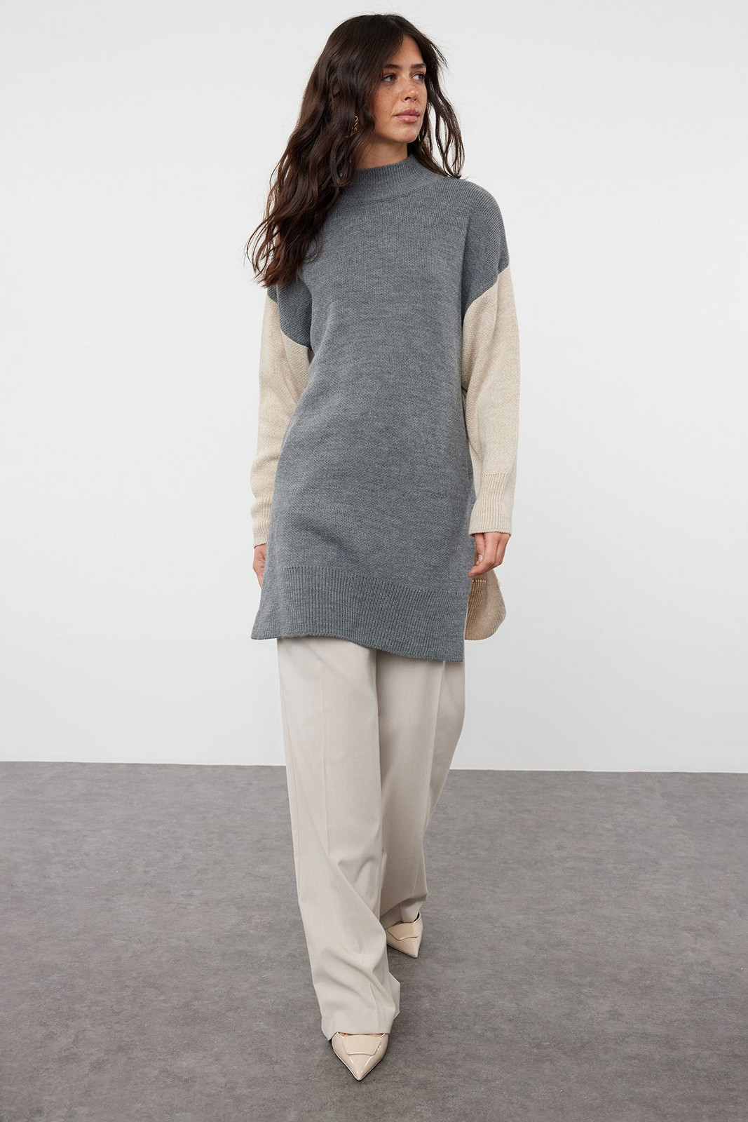 Trendyol Anthracite Color Block Turtleneck Long Knitwear Sweater