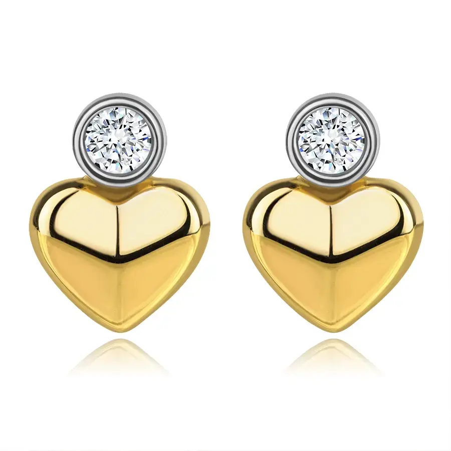 Puzetové náušnice z kombinovaného 9K zlata - srdce, skosené ramená, zirkón
