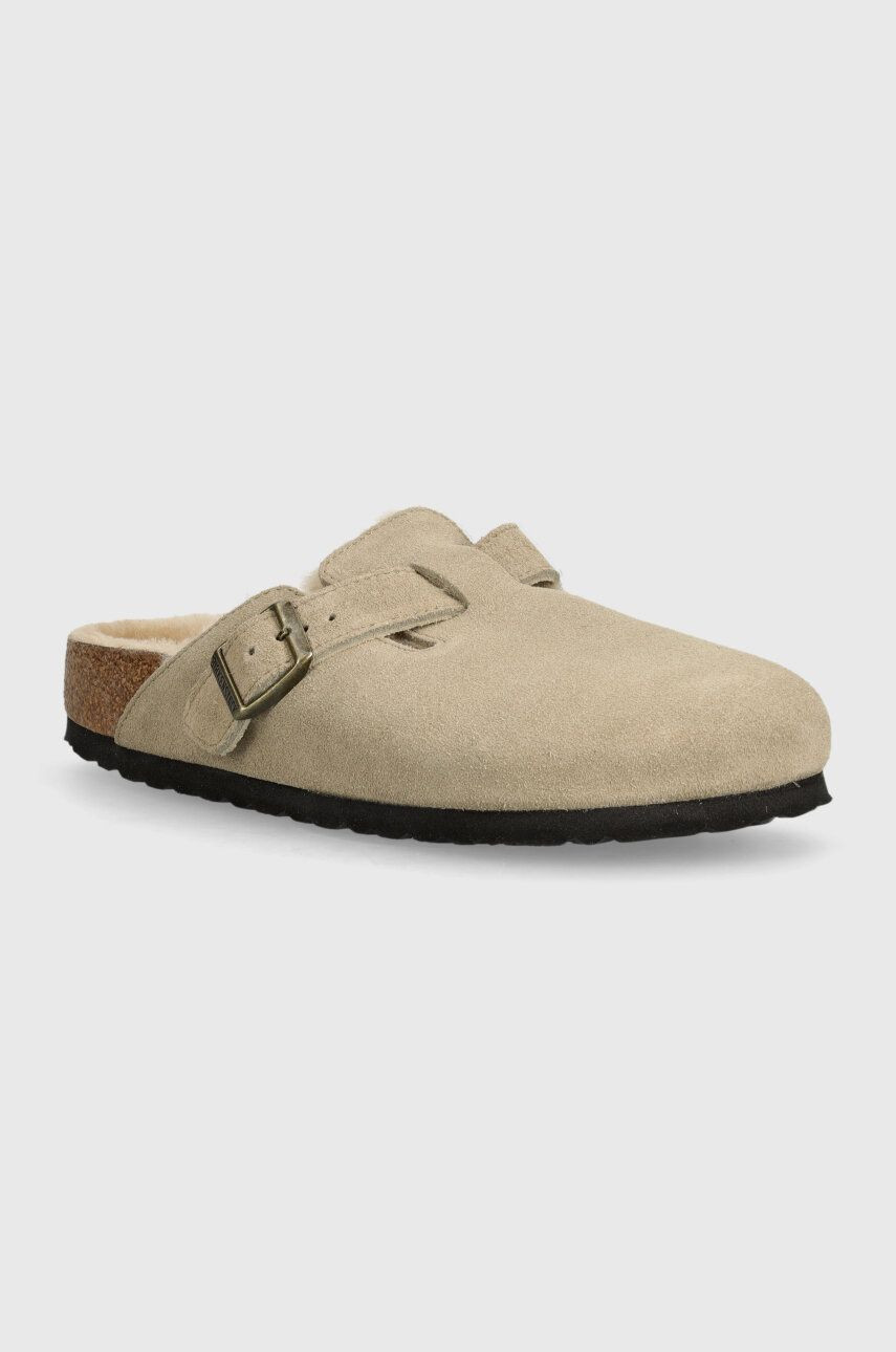 Semišové šľapky Birkenstock Boston Shearling dámske, béžová farba, 1028299