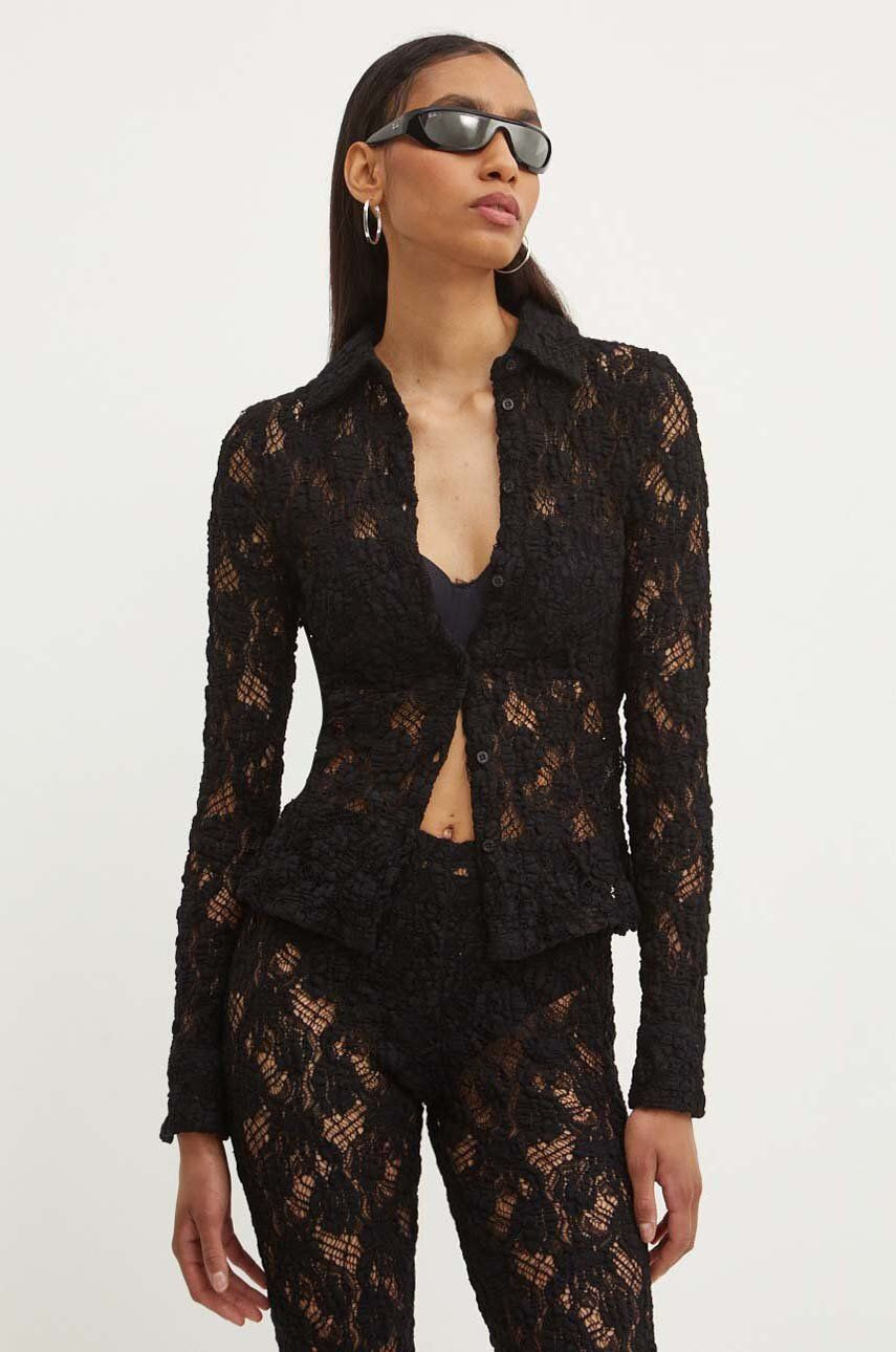 Košeľa MSGM dámska, čierna farba, slim, s klasickým golierom, 3741MDE06.247624