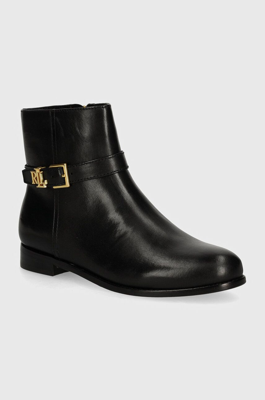 Kožené členkové topánky Lauren Ralph Lauren Brooke dámske, čierna farba, na plochom podpätku, 802946807001
