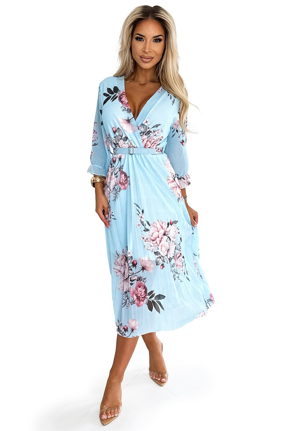 Pleated midi dress with a neckline and belt Numoco