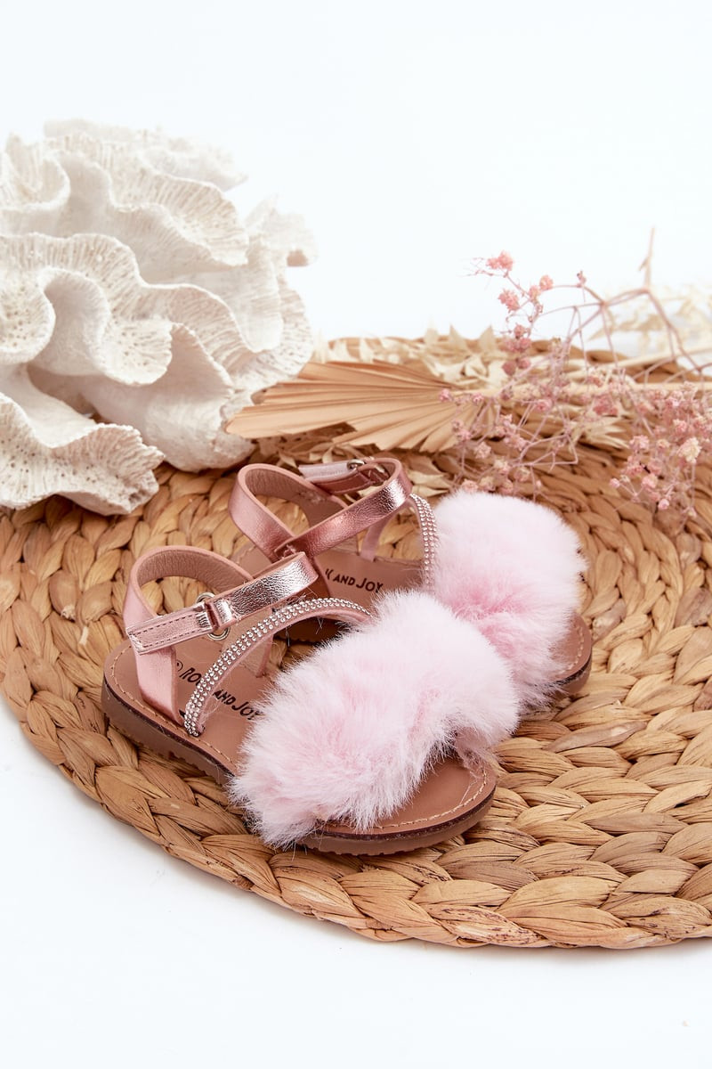 Children's Velcro sandals with fur, pink Rosavere