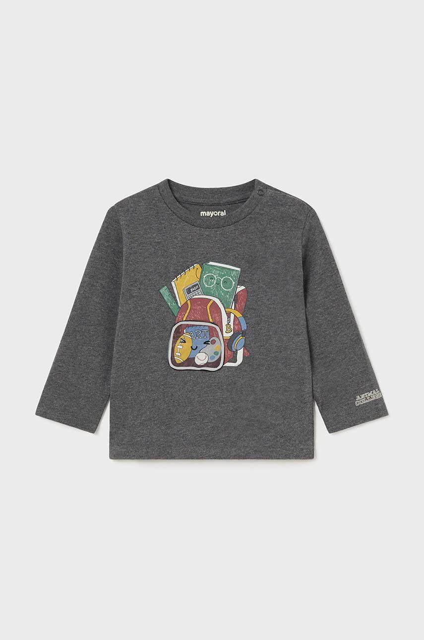 Detské bavlnené tričko s dlhým rukávom Mayoral šedá farba, s potlačou, 2033