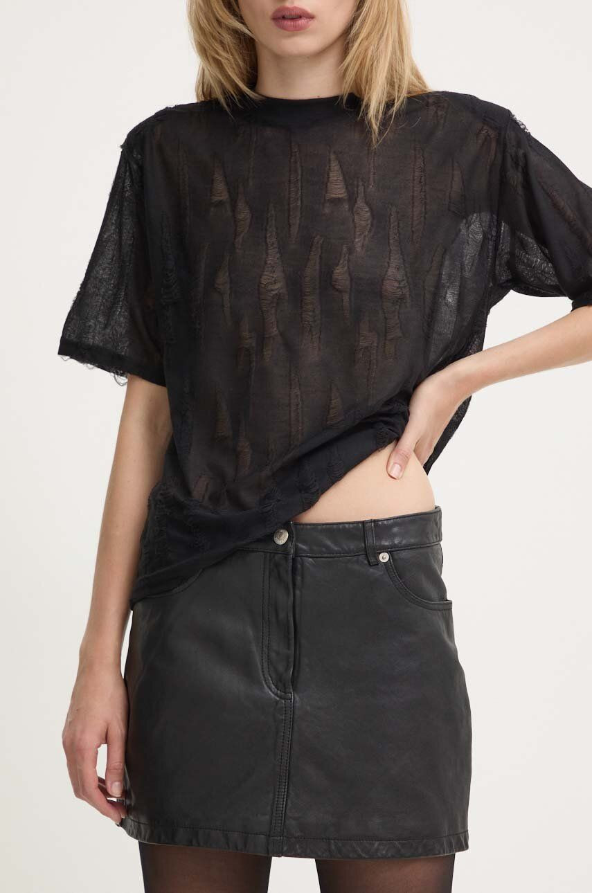 Kožená sukňa The Kooples čierna farba, mini, rovný strih, FJUP29013K