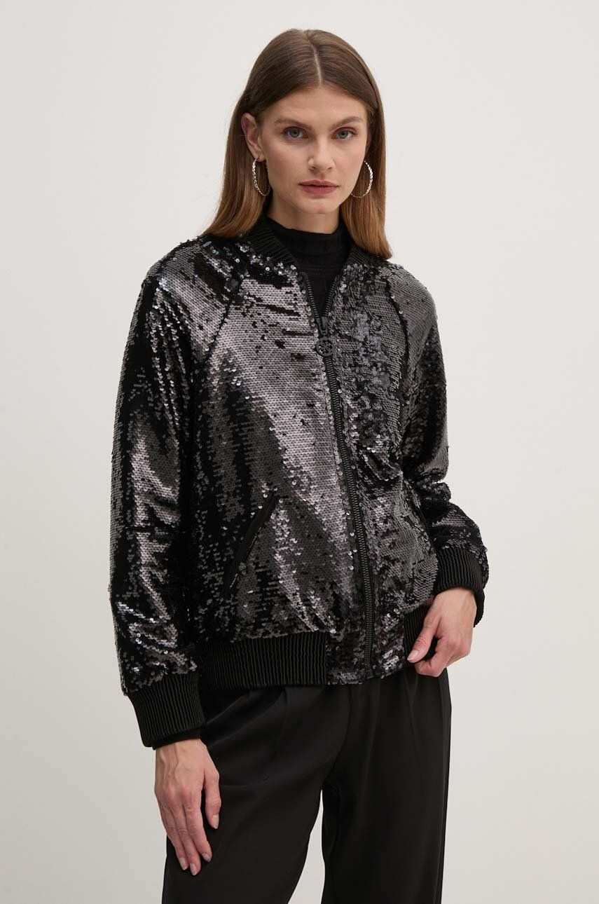 Bunda Guess ANTONIA dámsky, čierna farba, prechodná, oversize, W4YL12 WGAH0